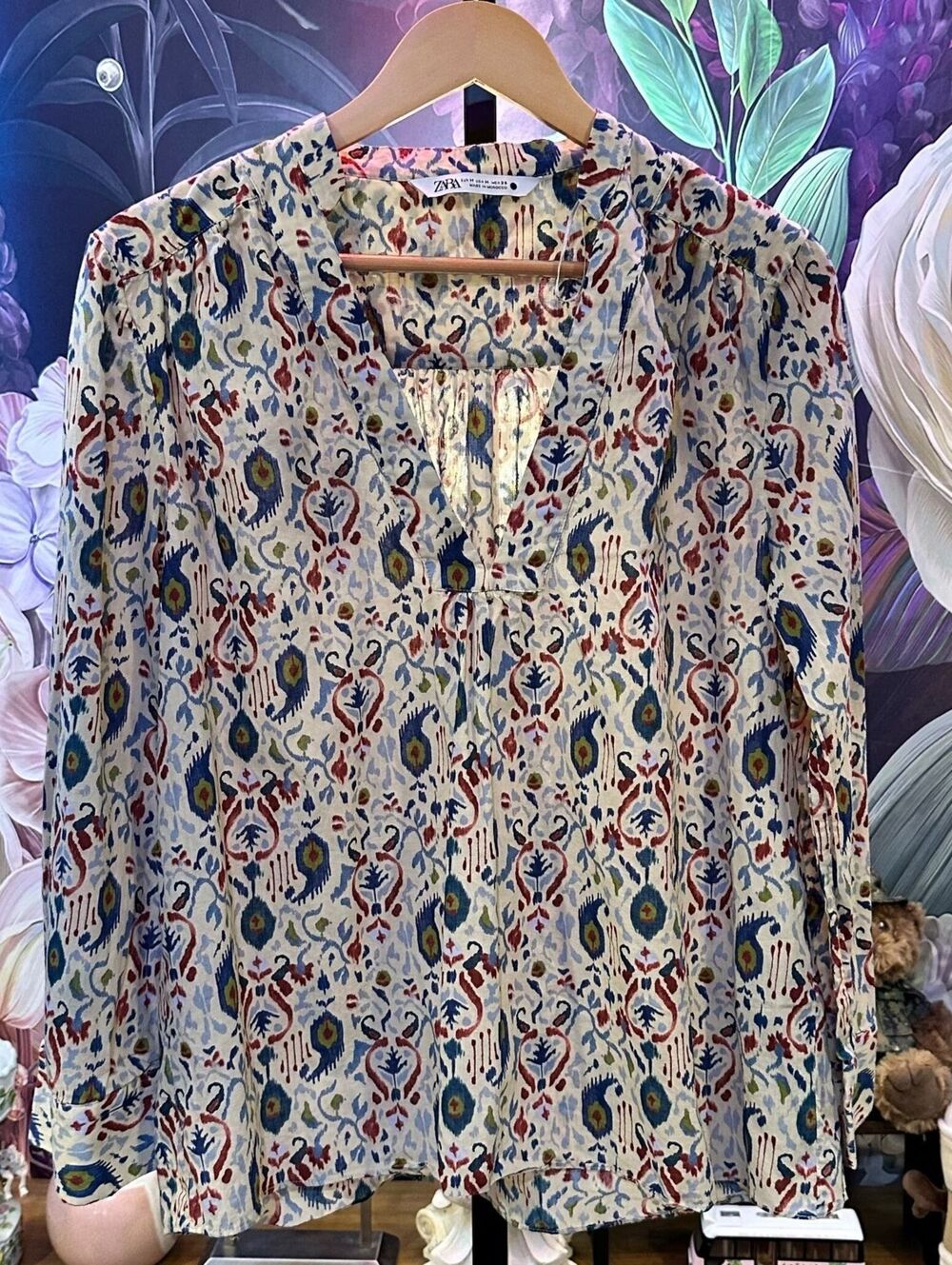 Zara M 100% Cotton Printed Blouse Boho Ikat Paisley Long Sleeve Cottagecore